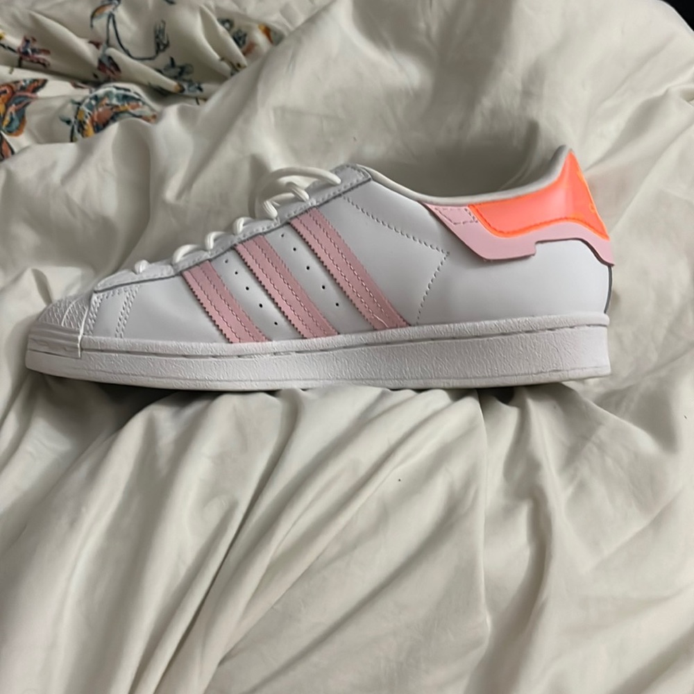 Adidas Superstars, size 9, gold, pink, neon.
